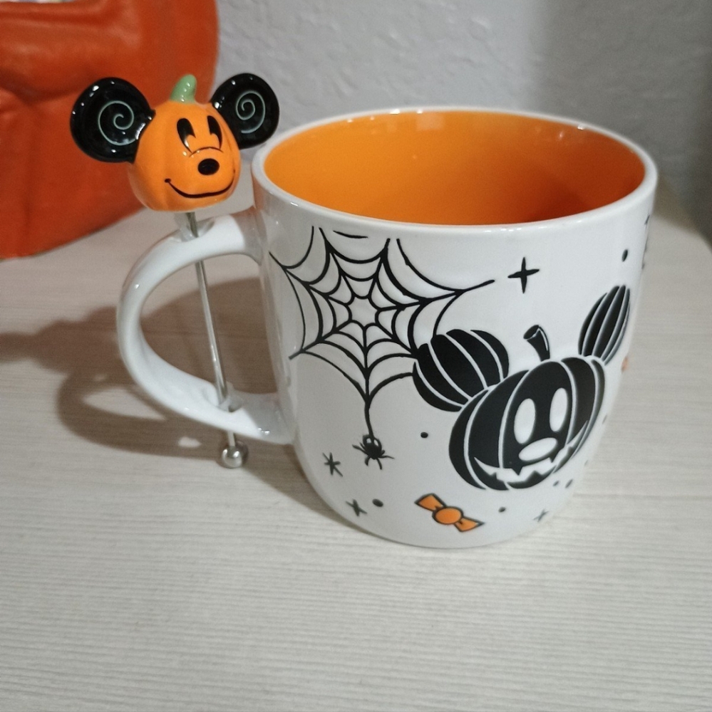 Mickey Mouse Pumpkin Mug Coffee Cup Stir Stick Halloween New